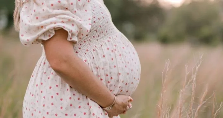 A close view of a pregnant belly in a dotted cotton dress, hands resting underneath, in a field of tall grass at golden hour